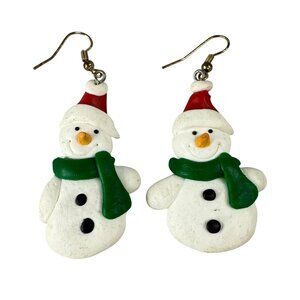Snowman Christmas Earrings White Green Polymer Clay Dangly Hook Festive Jewelry